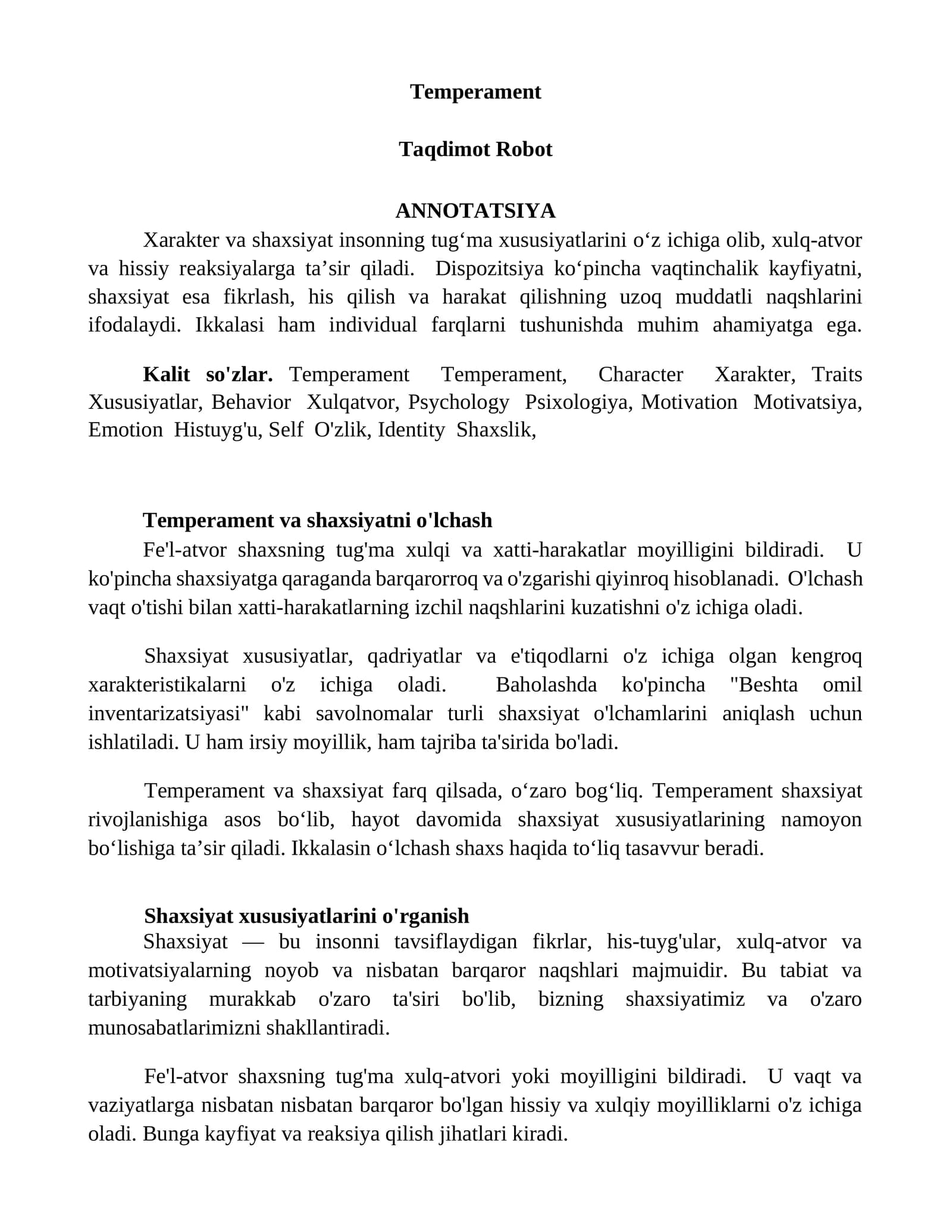 Temperament va shaxsiyatni o'lchash