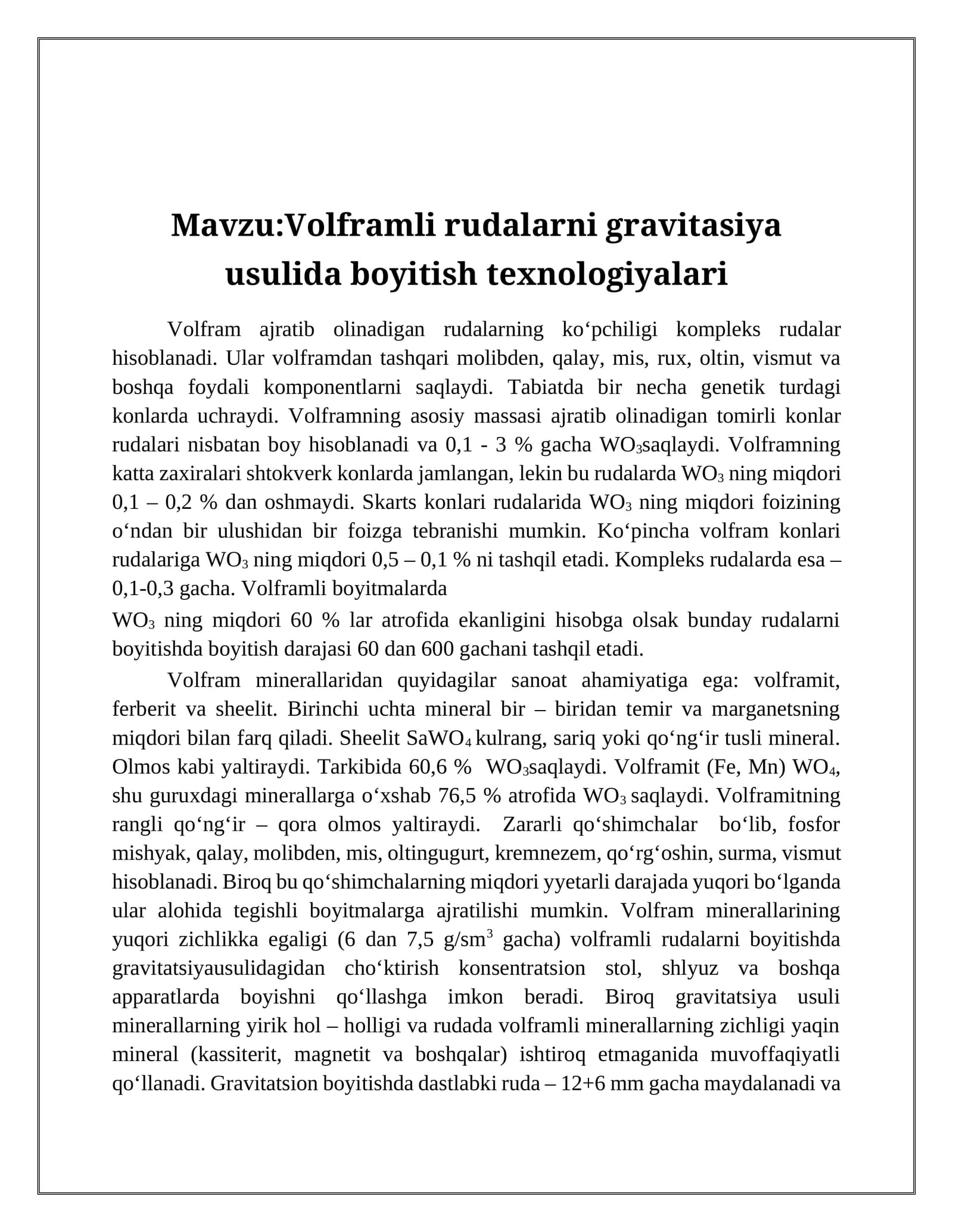 Vоlfrаmli rudаlаrni gravitasiya usulida boyitish tехnоlоgiyalаri