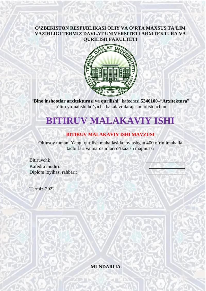 Oltinsoy tumani Yangi qurilish mahallasida joylashgan 400 o’rinli mahalla tadbirlari va marosimlari o’tkazish majmuasi
