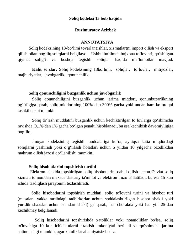 Soliq kodeksi 13 bob haqida