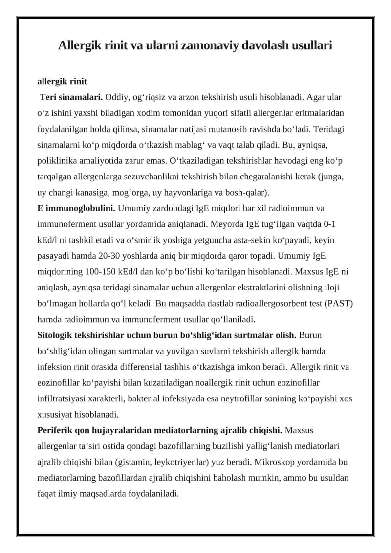 Allergik rinit va ularni zamonaviy davolash usullari