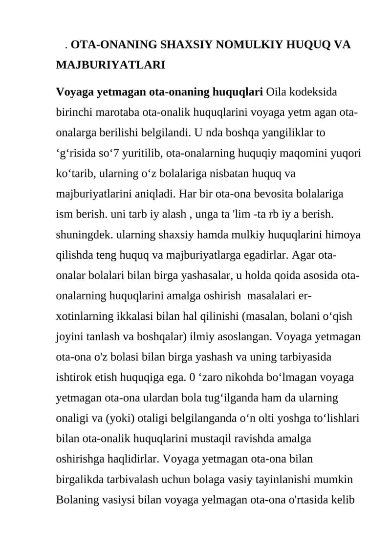OTA-ONANING SHAXSIY NOMULKIY HUQUQ VA MAJBURIYATLARI