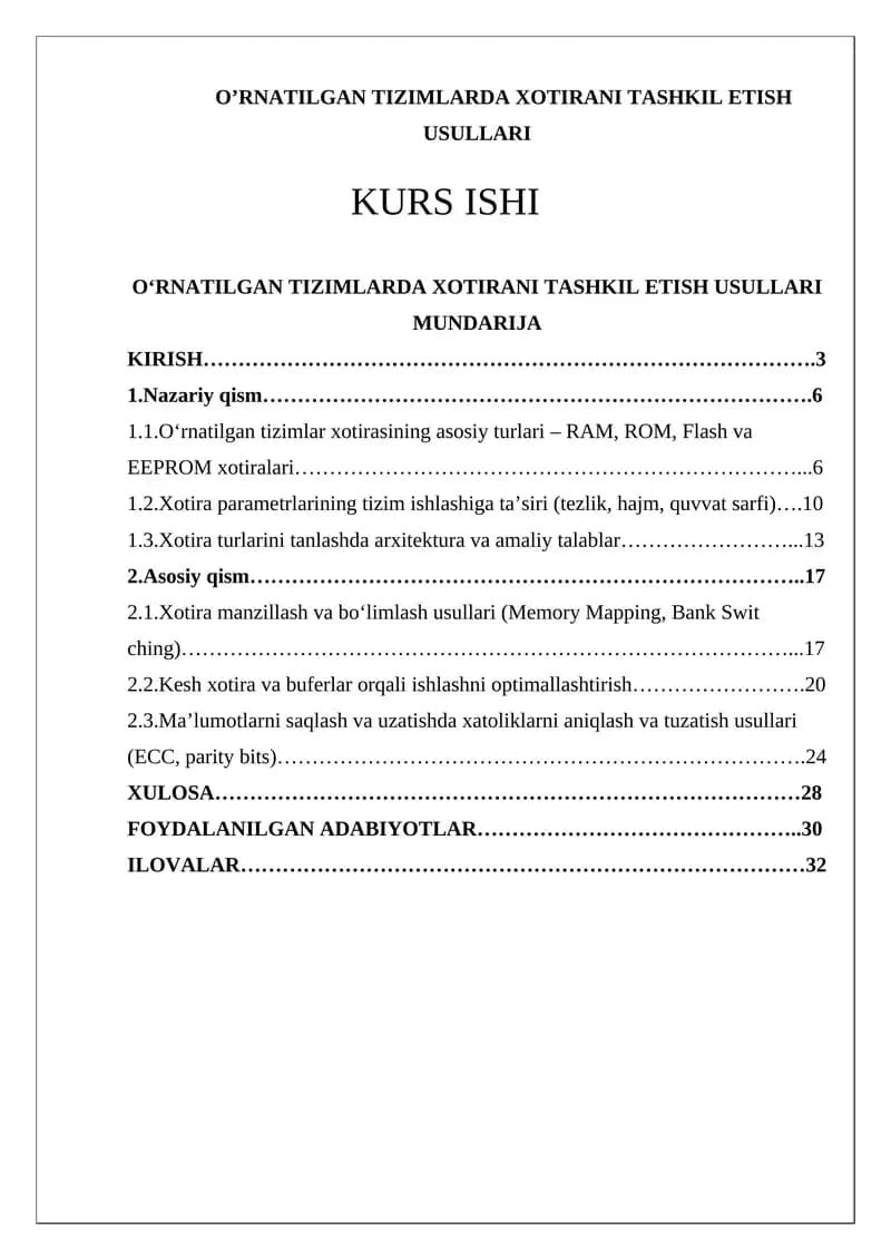 O’RNATILGAN TIZIMLARDA XOTIRANI TASHKIL ETISH USULLARI