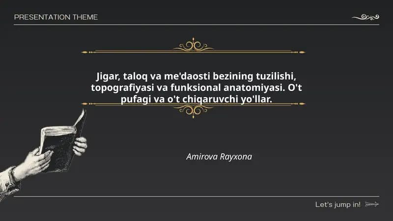 Jigar, taloq va medaosti bezining tuzilishi, topografiyasi va funksional anatomiyasi