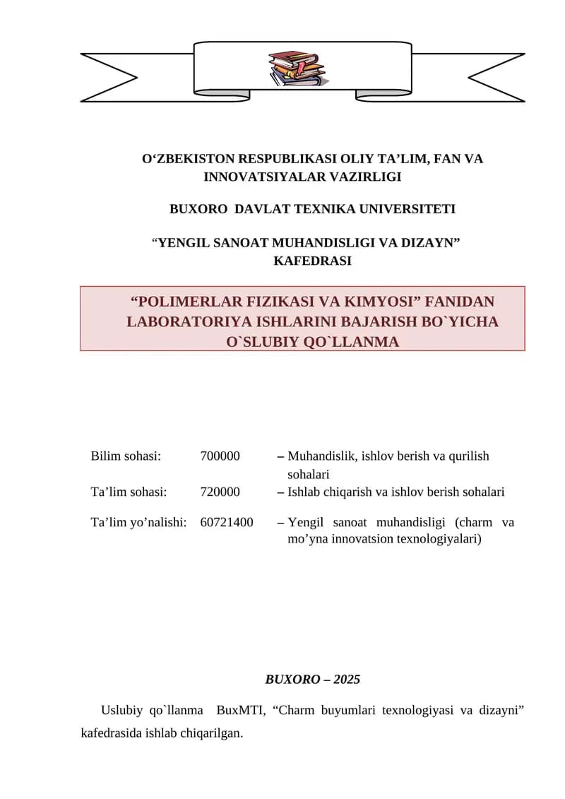 Uslubiy qo`llanma BuxMTI, “Charm buyumlari texnologiyasi va dizayni” kafedrasida ishlab chiqarilgan