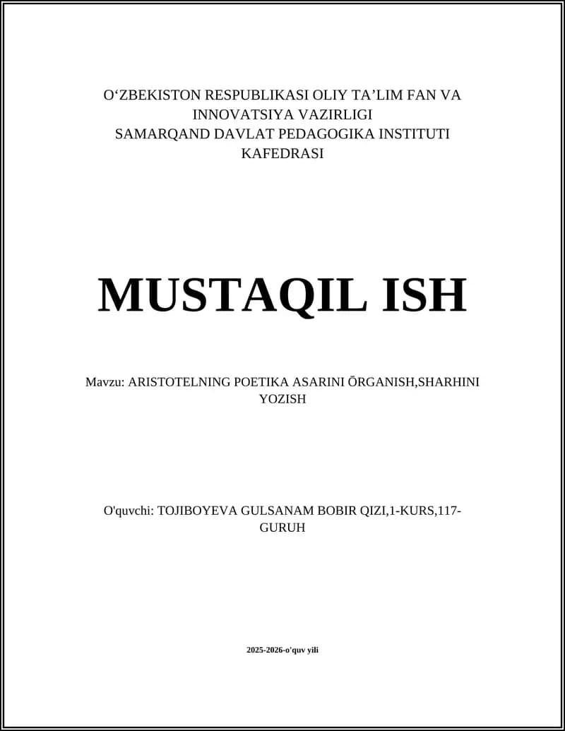 ARISTOTELNING POETIKA ASARINI ŌRGANISH, SHARHINI YOZISH