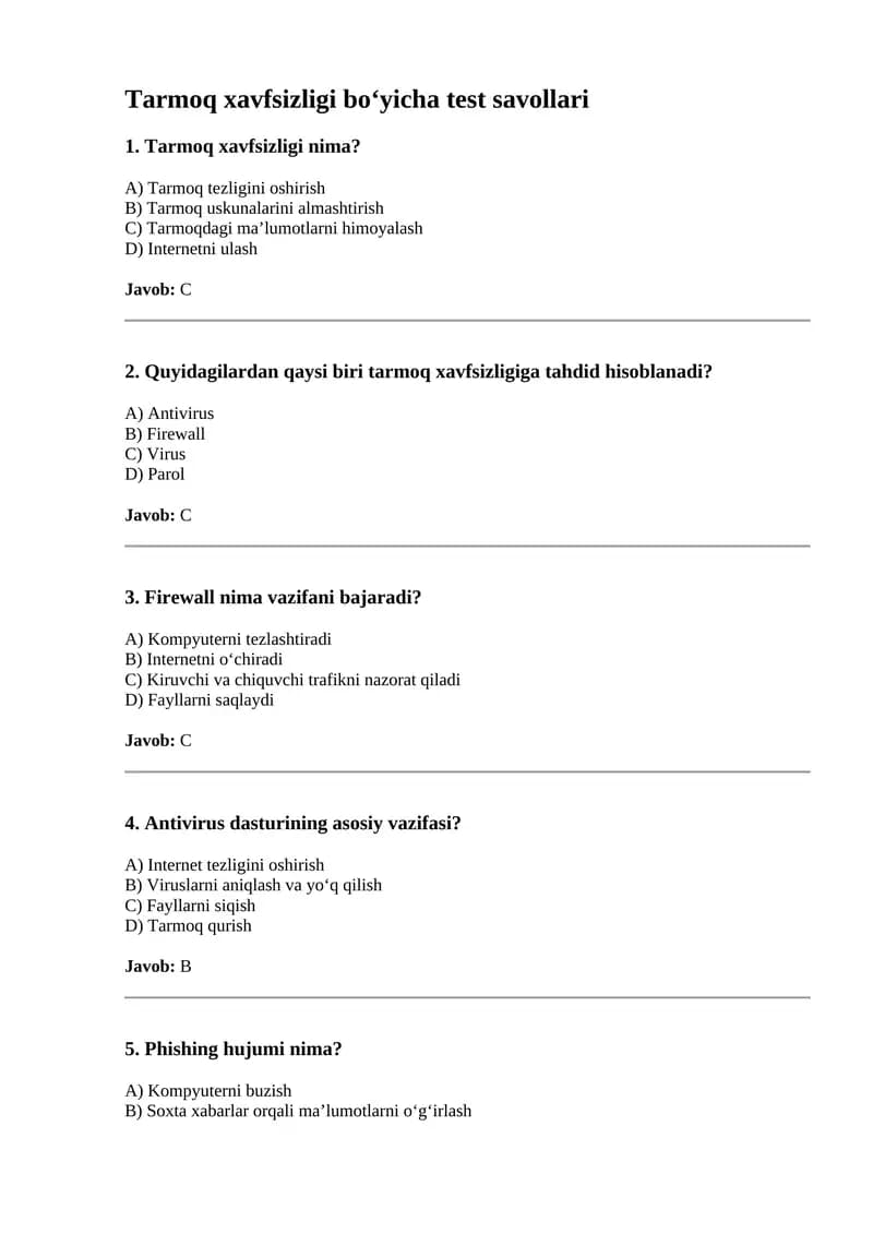 Tarmoq xavfsizligi bo‘yicha test savollari