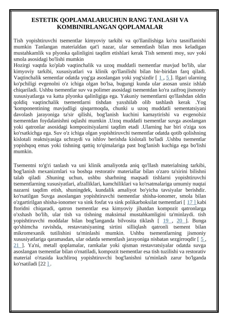 ESTETIK QOPLAMALARUCHUN RANG TANLASH VA KOMBINIRLANGAN QOPLAMALAR