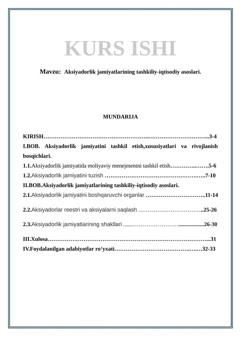 Aksiyadorlik jamiyatlarining tashkiliy-iqtisodiy asoslari
