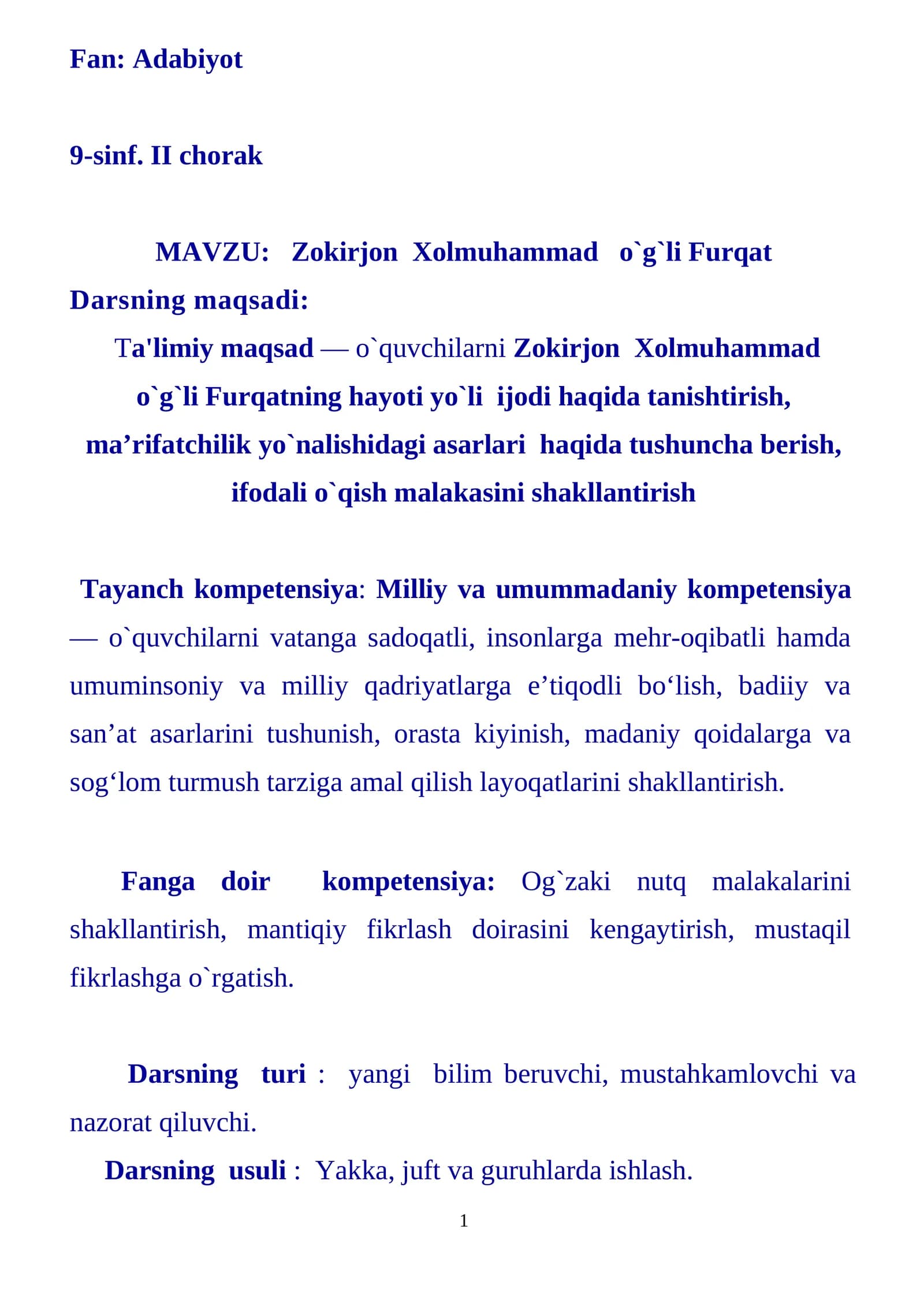 9-sinf Adabiyot Zokirjon Xolmuhammad o'g'li Furqat dars ishlanma