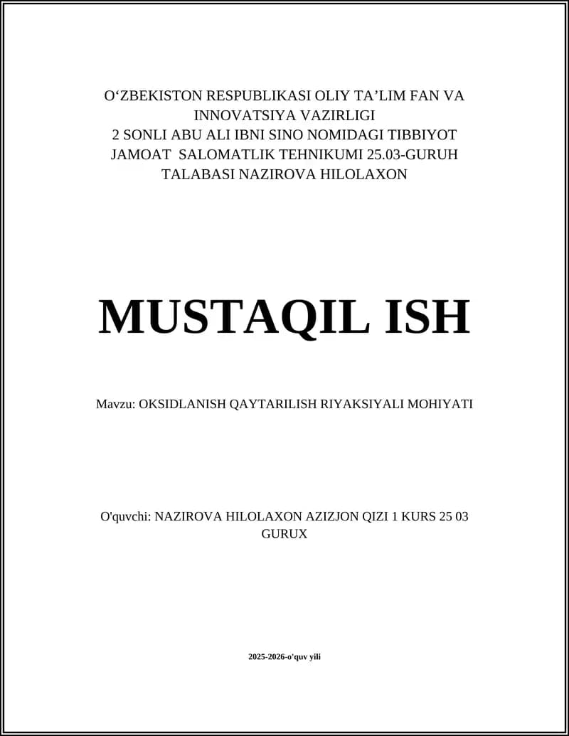 OKSIDLANISH QAYTARILISH RIYAKSIYALI MOHIYATI