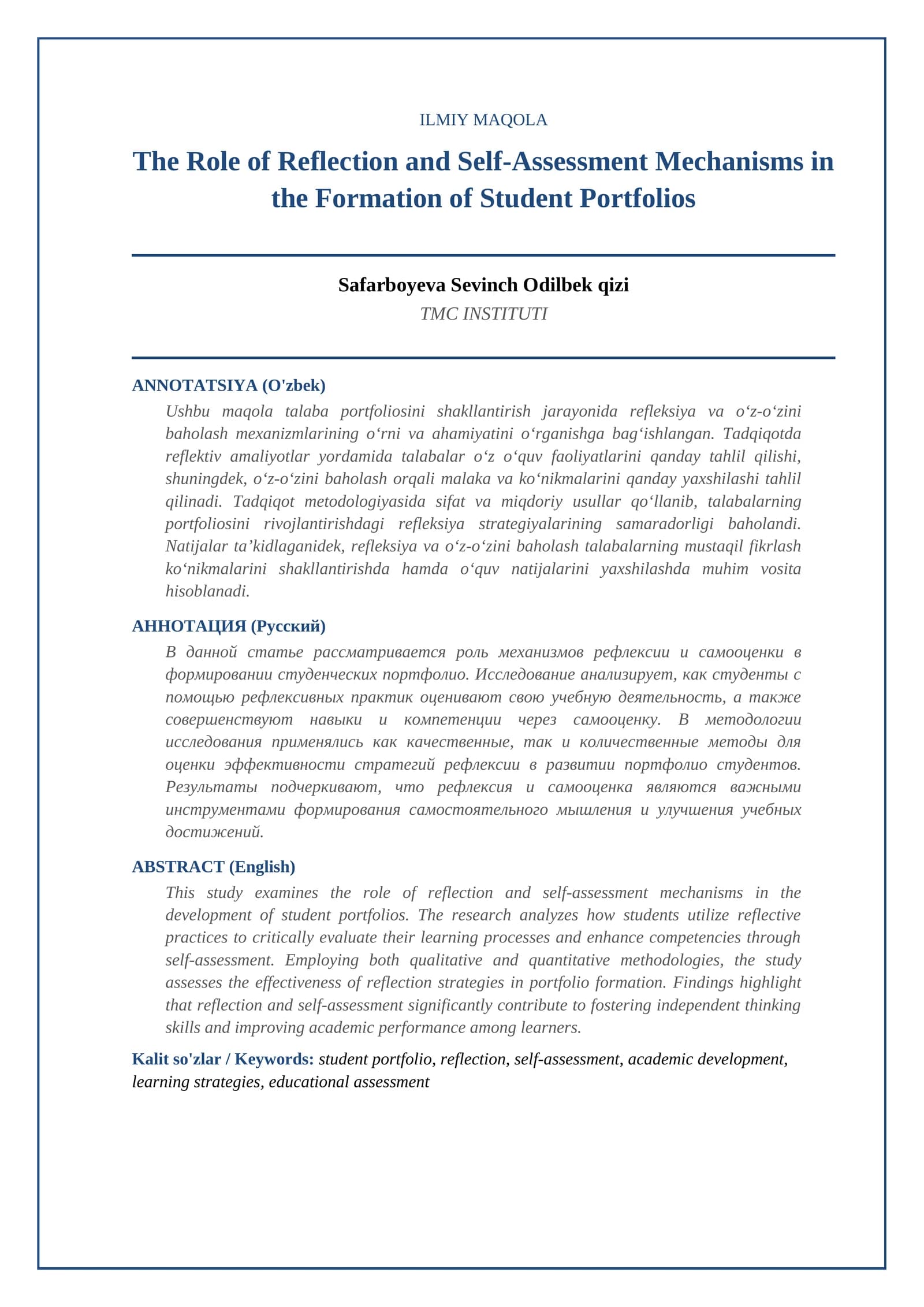The Role of Reflection and Self-Assessment Mechanisms in the Formation of Student Portfolios
