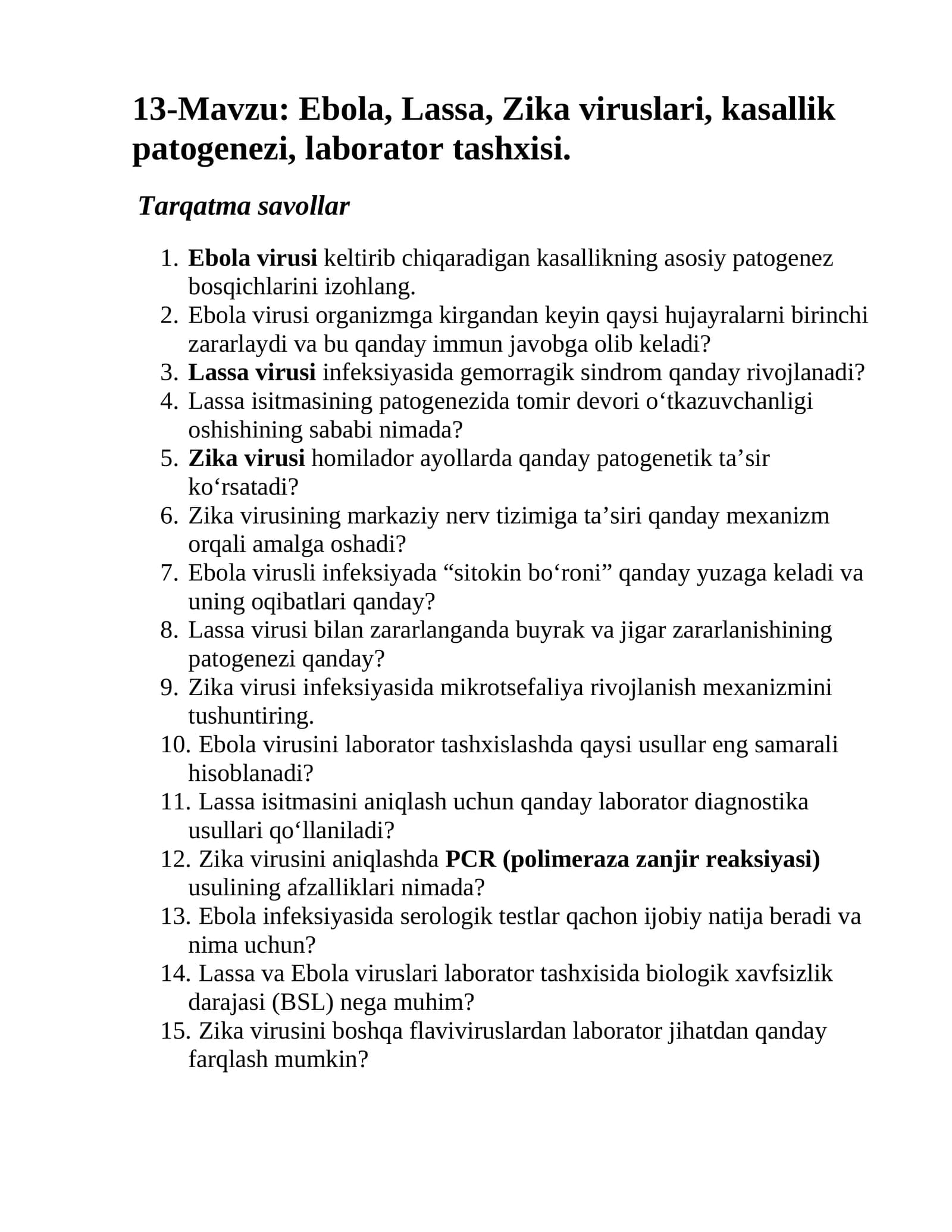 Ebola, Lassa, Zika viruslari, kasallik patogenezi, laborator tashxisi