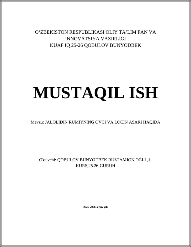 Jalolidin Rumiyning Ovci va Locin Asari Haqida
