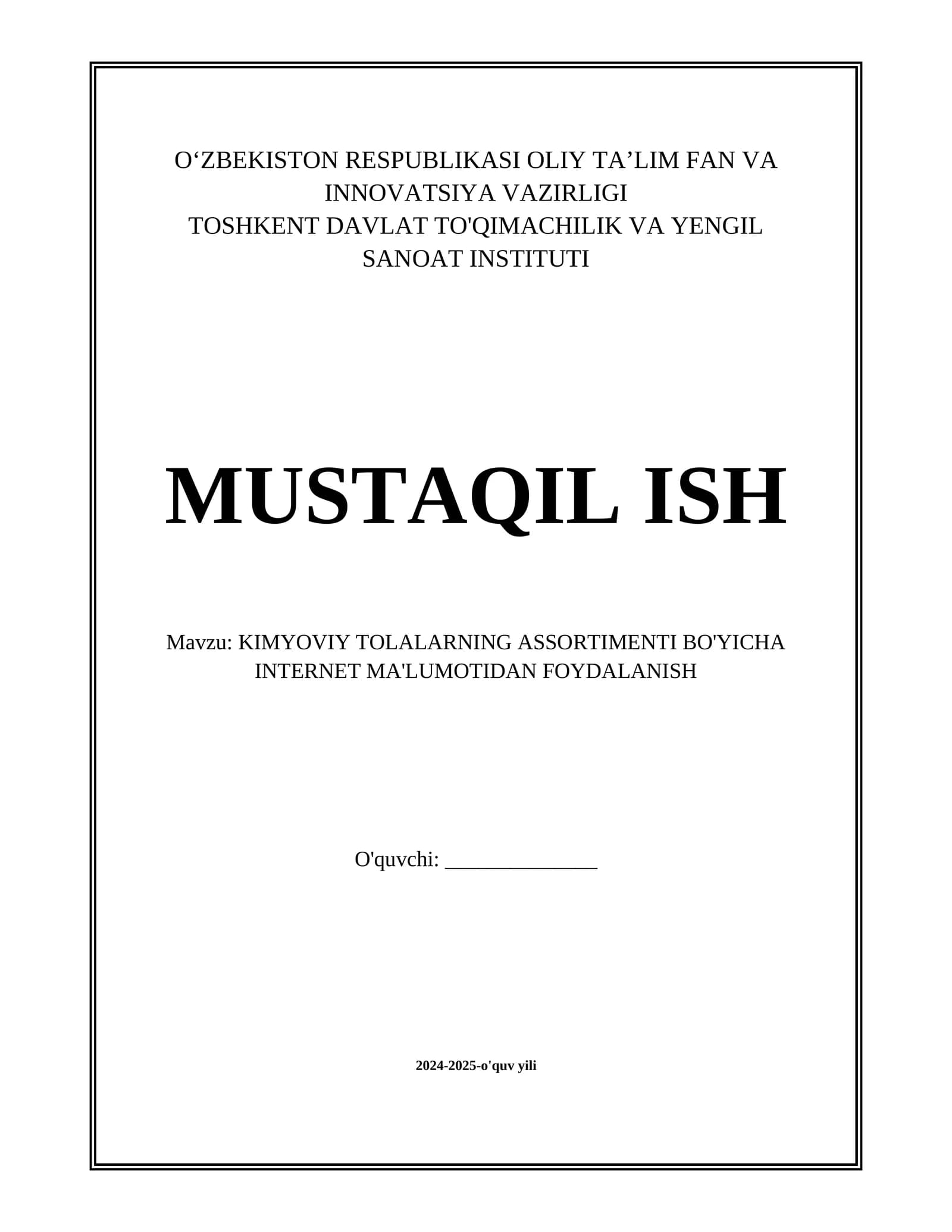KIMYOVIY TOLALARNING ASSORTIMENTI BO'YICHA INTERNET MA'LUMOTIDAN FOYDALANISH