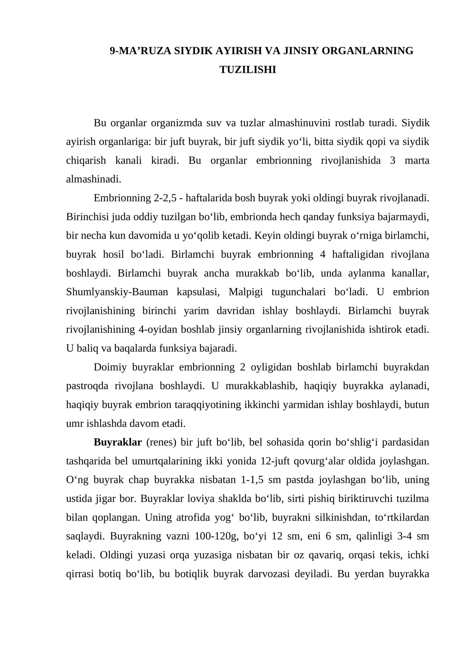9-MA’RUZA SIYDIK AYIRISH VA JINSIY ORGANLARNING TUZILISHI