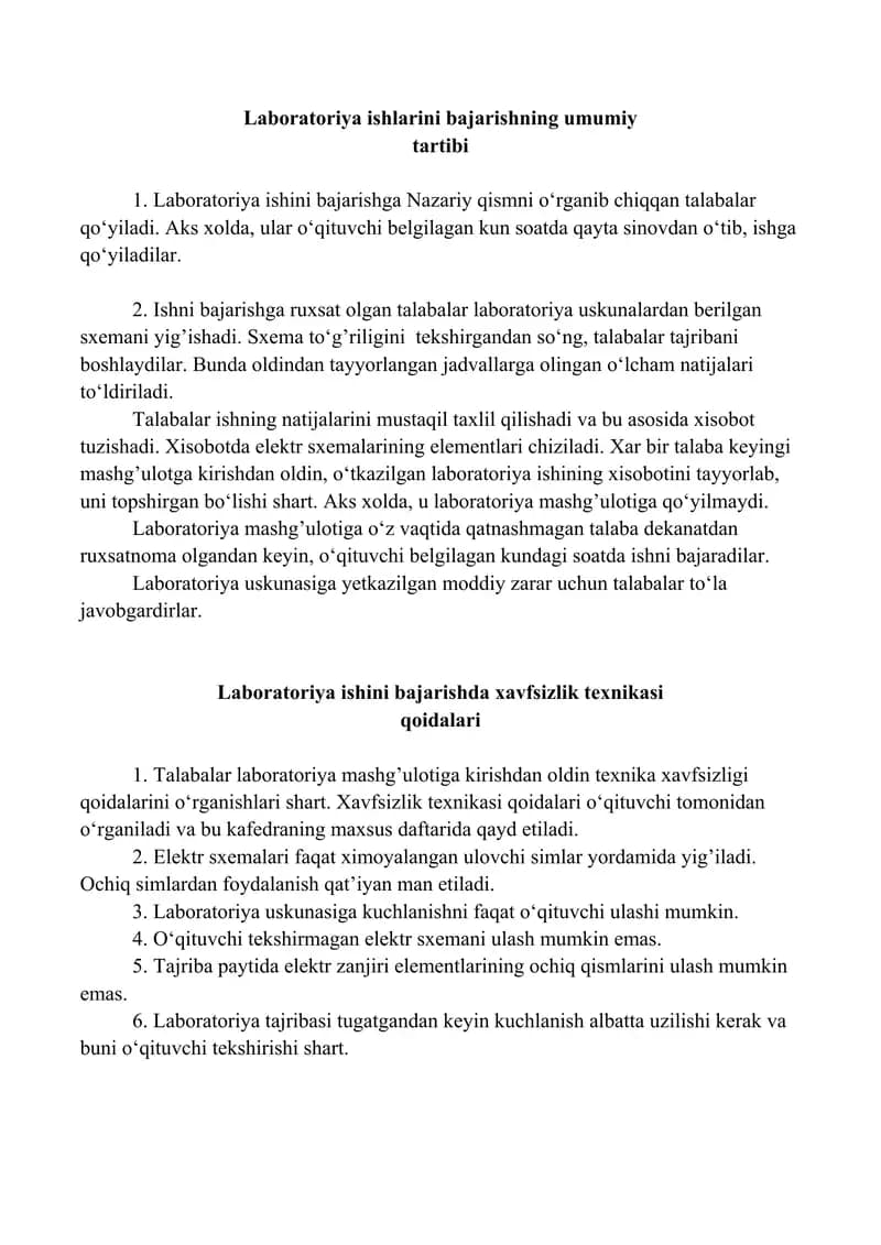 Laboratoriya ishlarini bajarishning umumiy tartibi