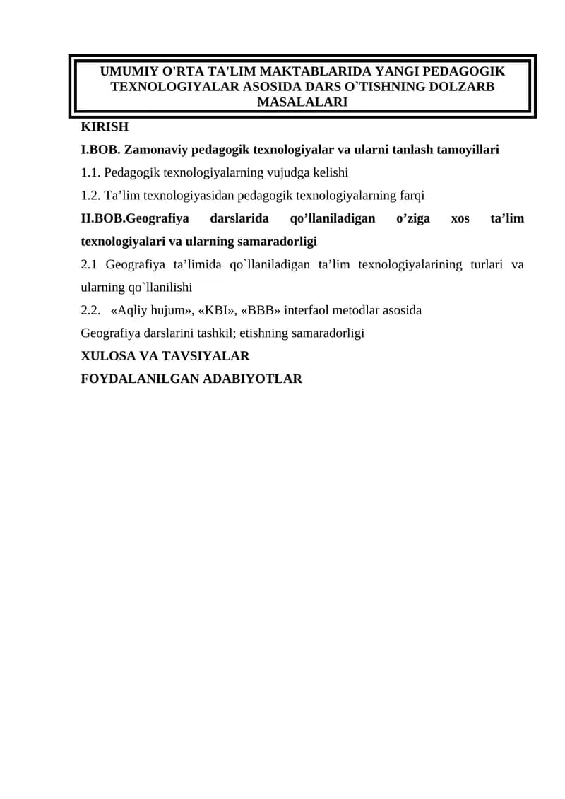 Zamonaviy pedagogik texnologiyalar va ularni tanlash tamoyillari