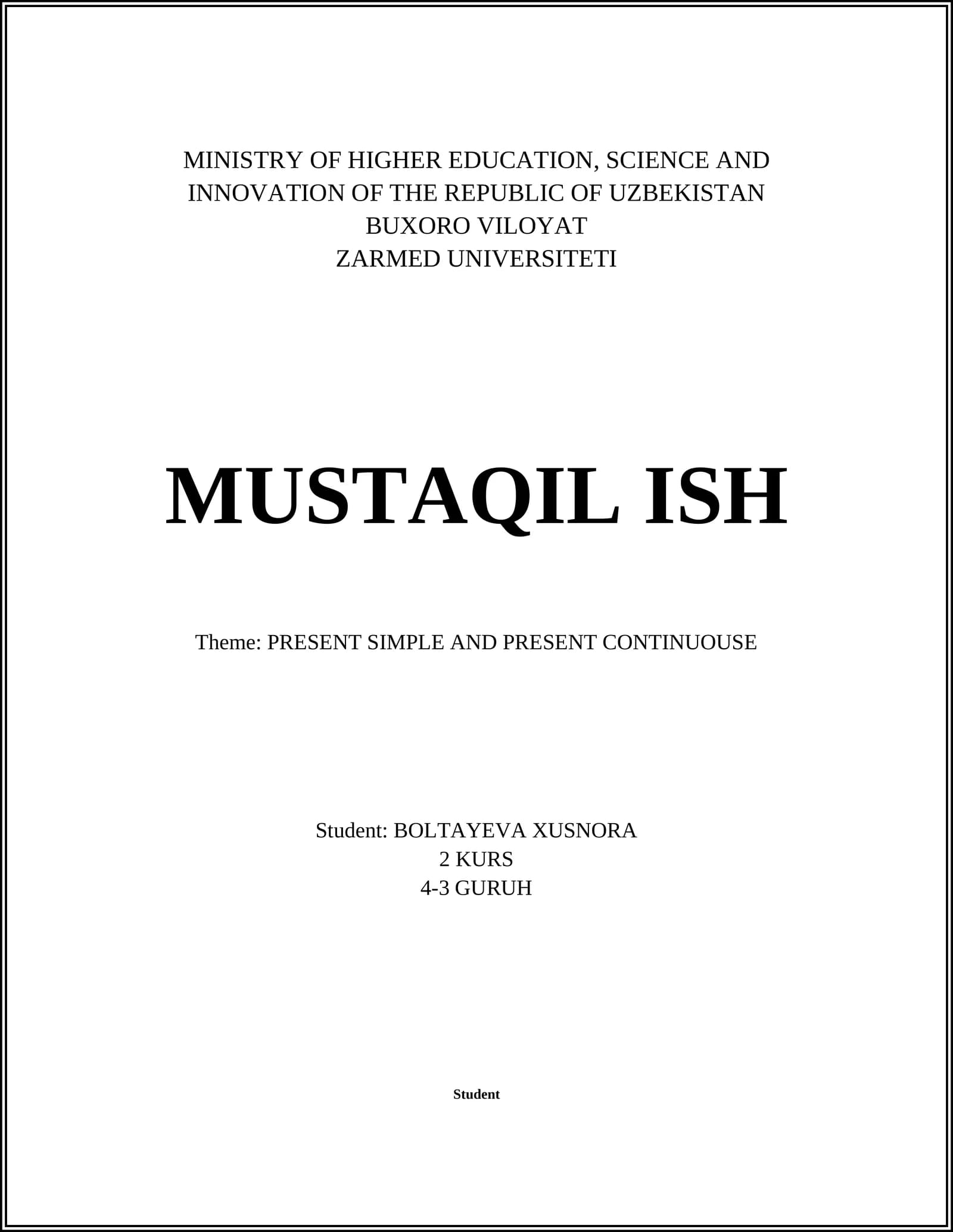BUXORO VILOYAT ZARMED UNIVERSITETI MUSTAQIL ISH