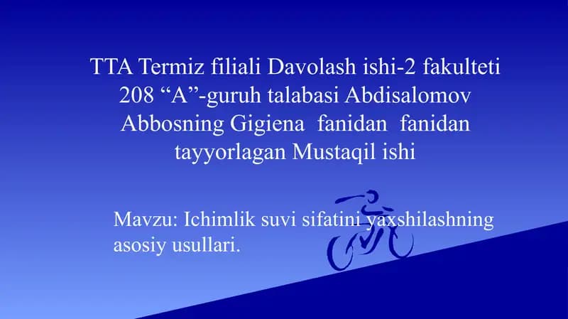 Ichimlik suvi sifatini yaxshilashning asosiy usullari