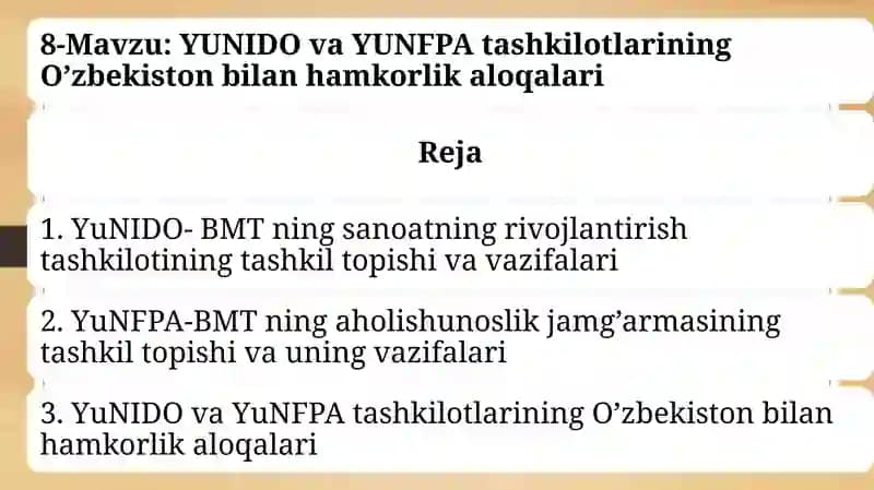 YuNIDO- BMT ning sanoatning rivojlantirish tashkilotining tashkil topishi va vazifalari
