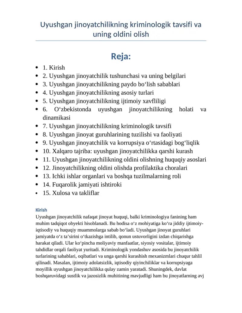 Uyushgan jinoyatchilikning kriminologik tavsifi va uning oldini olish