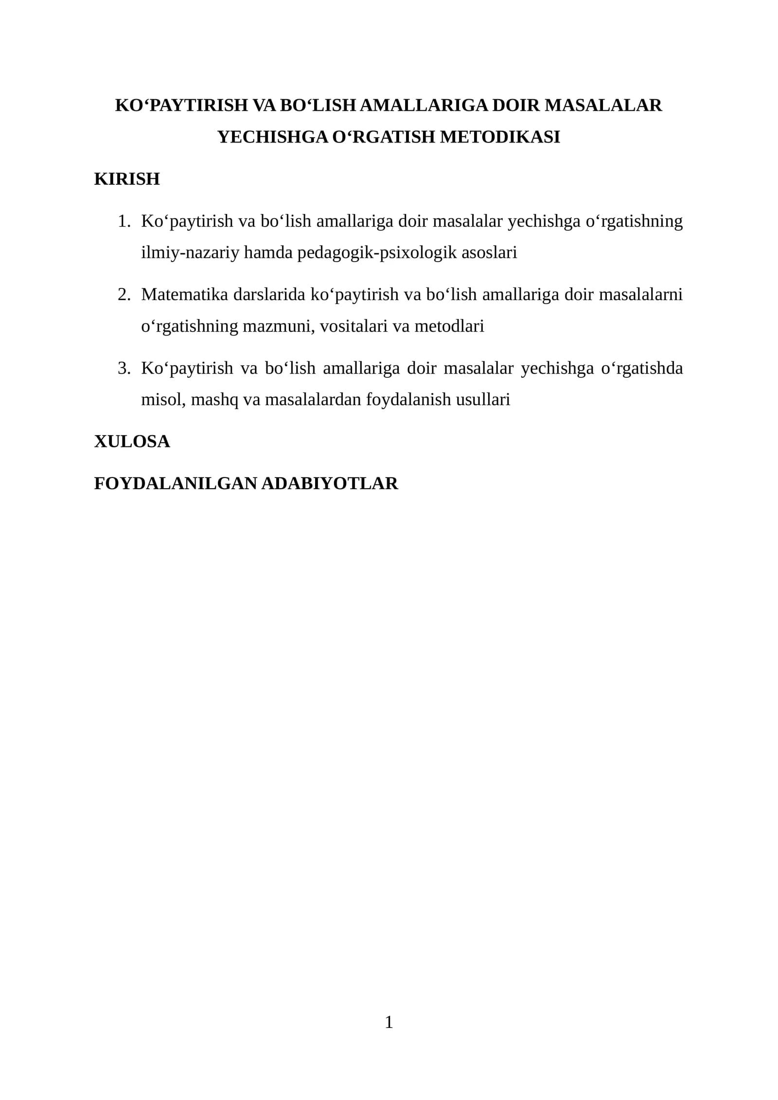 Ko‘paytirish va bo‘lish amallariga doir masalalar yechishga o‘rgatish metodikasi
