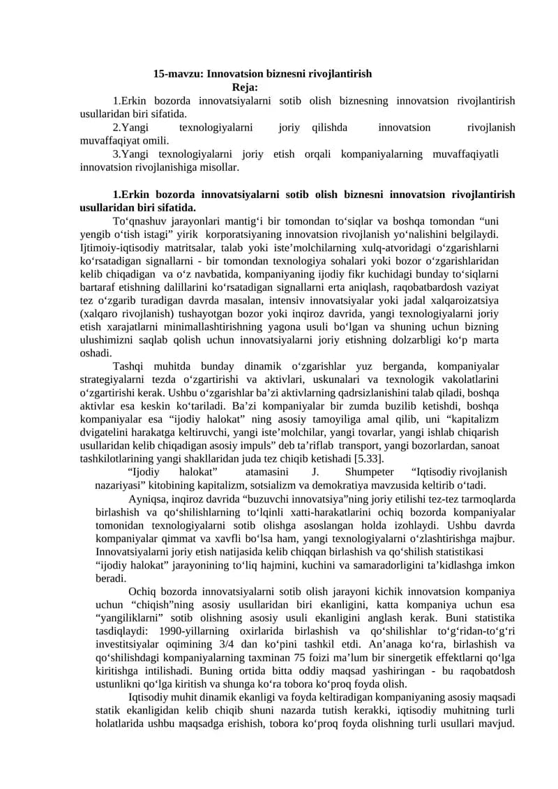 15-mavzu: Innovatsion biznesni rivojlantirish