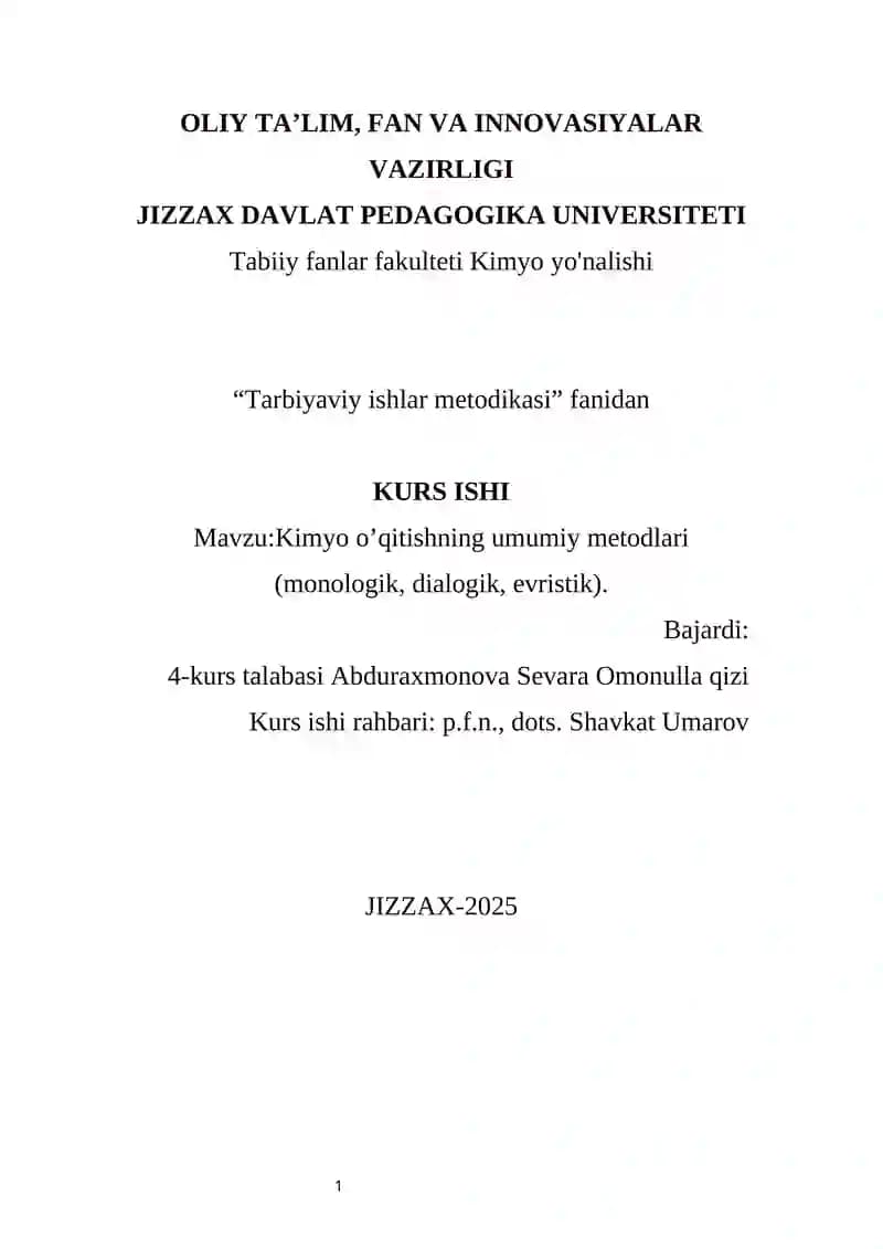 Kimyo o’qitishning umumiy metodlari