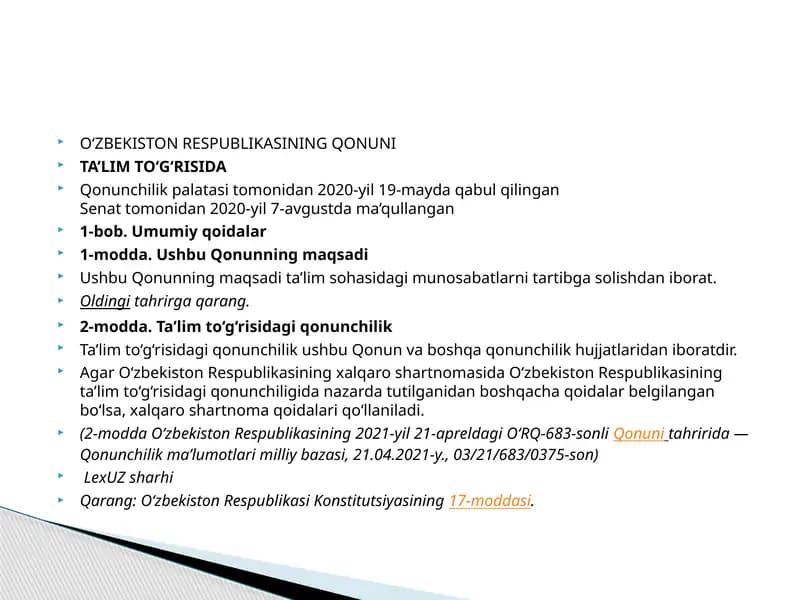O‘ZBEKISTON RESPUBLIKASINING QONUNI