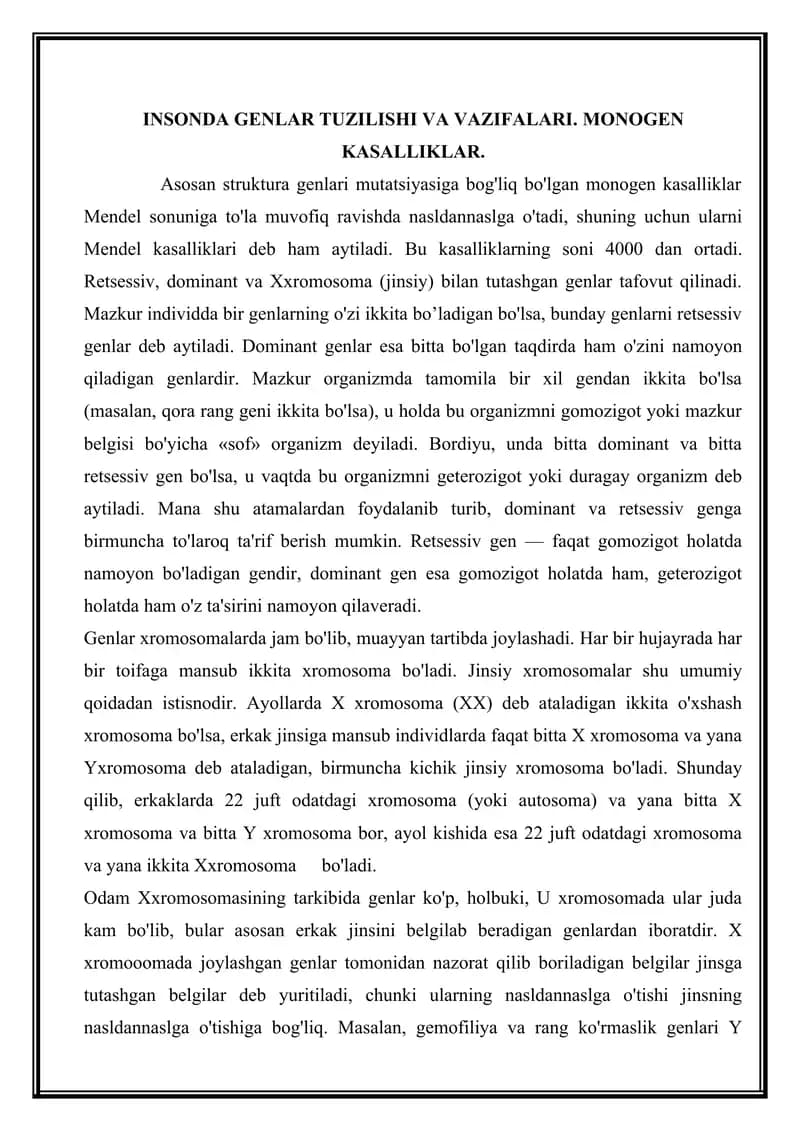 INSONDA GENLAR TUZILISHI VA VAZIFALARI. MONOGEN KASALLIKLAR