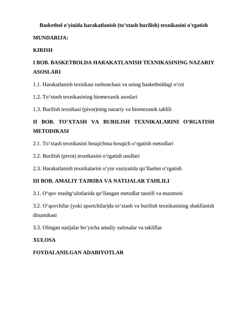 Basketbol o'yinida harakatlanish (to’xtash burilish) texnikasini o'rgatish