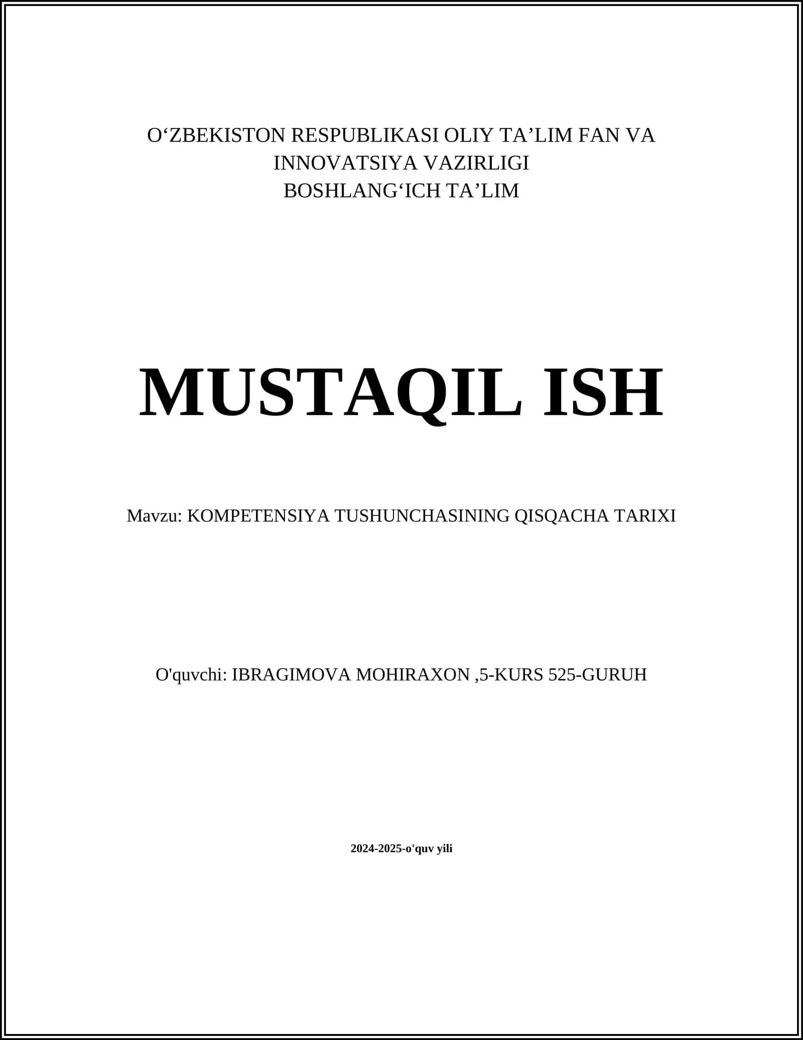 BOSHLANGʻICH TAʼLIM MUSTAQIL ISH