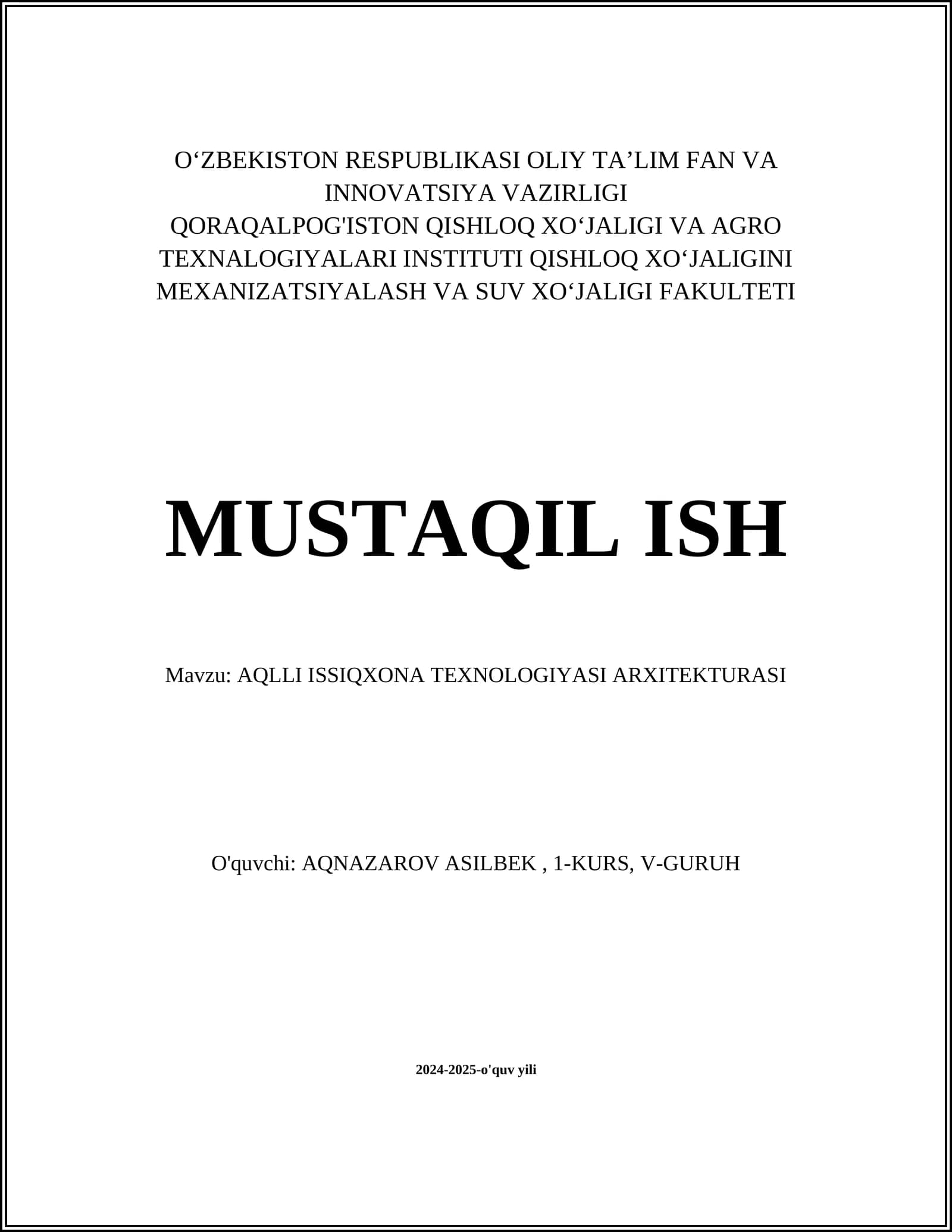 AQLLI ISSIQXONA TEXNOLOGIYASI ARXITEKTURASI