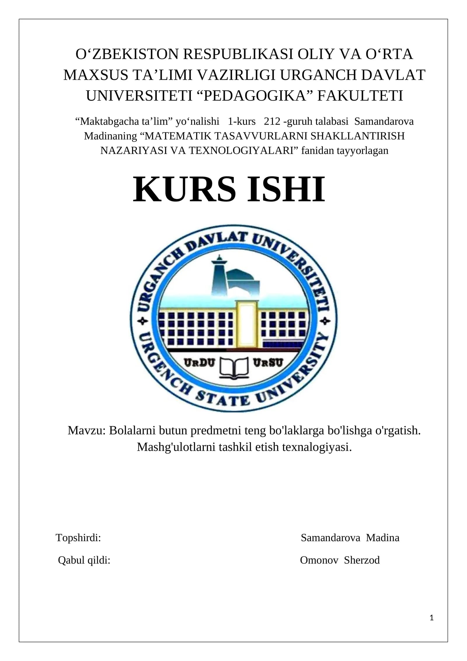Matematik tasavvurlarni shakllantirish nazariyasi va texnologiyalari