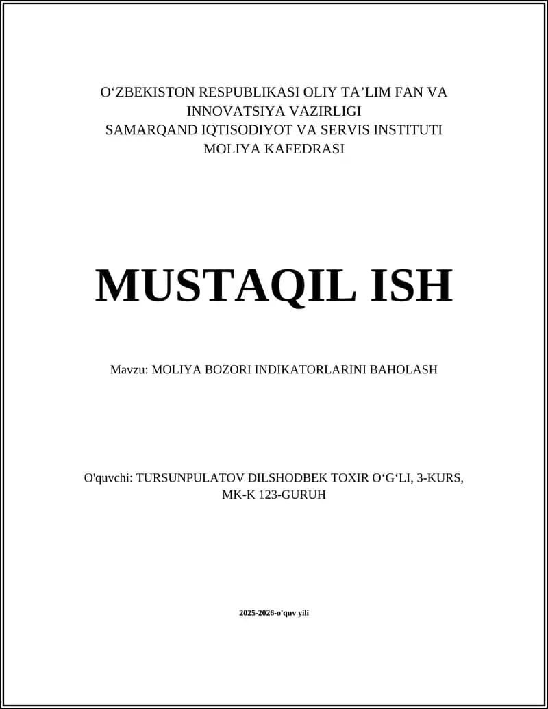 Moliya Bozori Indikatorlari Baholash