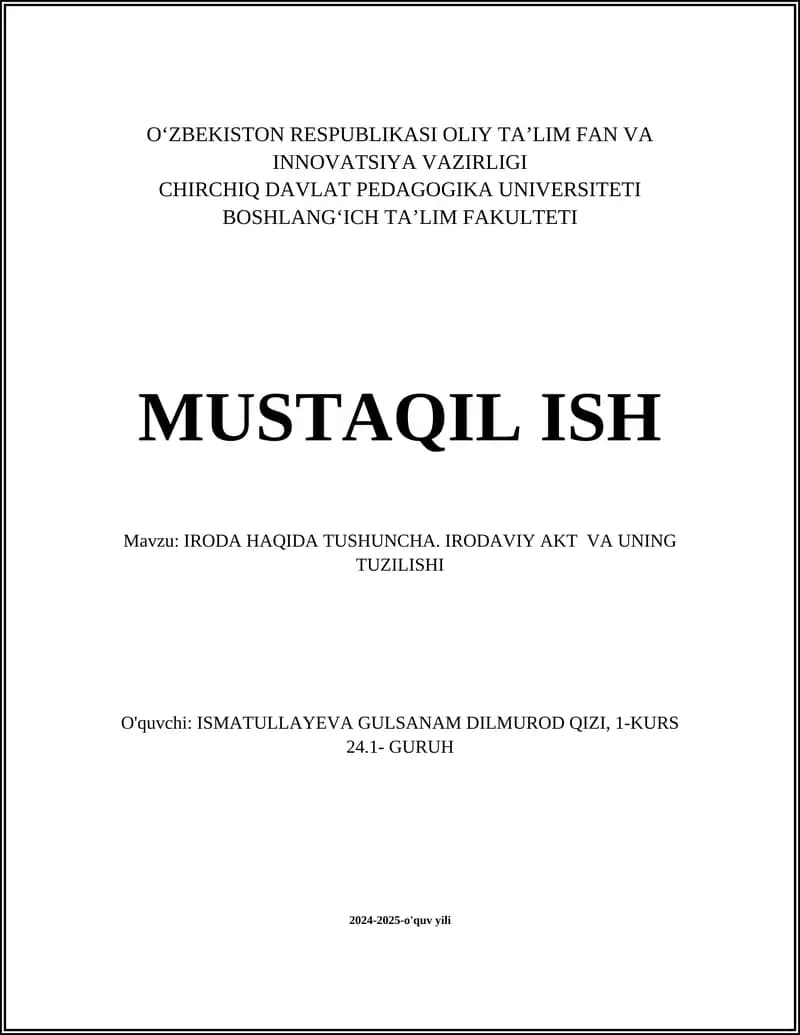 IRODA HAQIDA TUSHUNCHA. IRODAVIY AKT VA UNING TUZILISHI