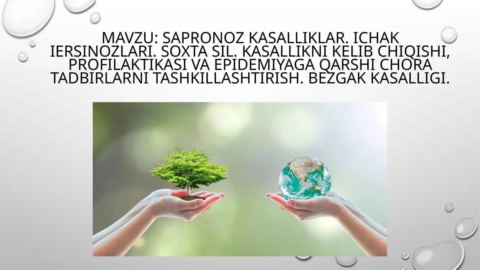 Sapronozkasalliklar. Ichakiersinozlari. Soxta sil. Kasallikni kelib chiqishi, profilaktikasi va epidemiyaga qarshi chora tadbirlarni tashkillashtirish.Bezgakkasalligi