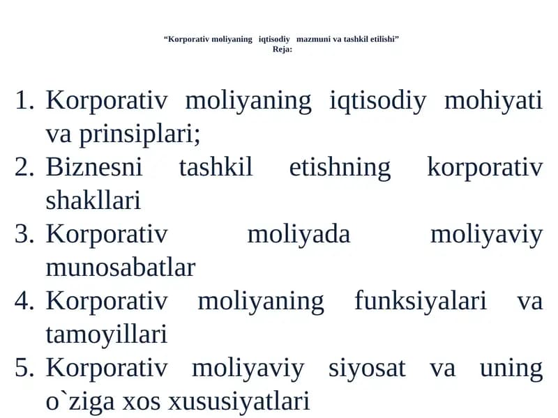 Korporativ moliyaning iqtisodiy mazmuni va tashkil etilishi