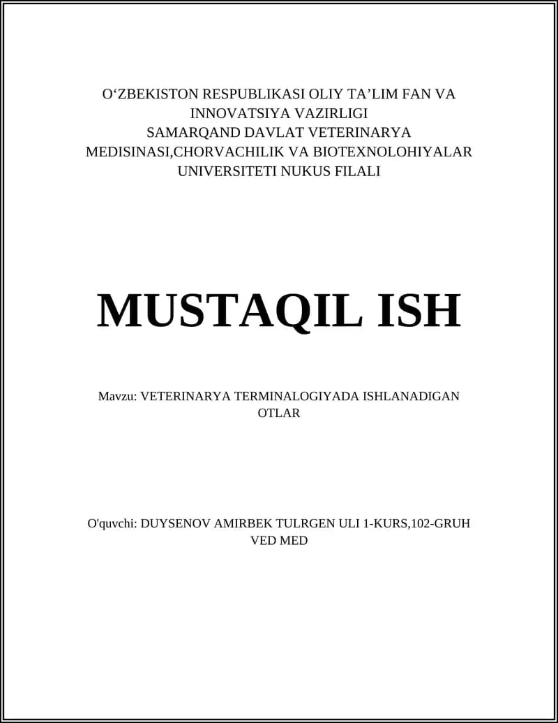 VETERINARYA TERMINALOGIYADA ISHLANADIGAN OTLAR