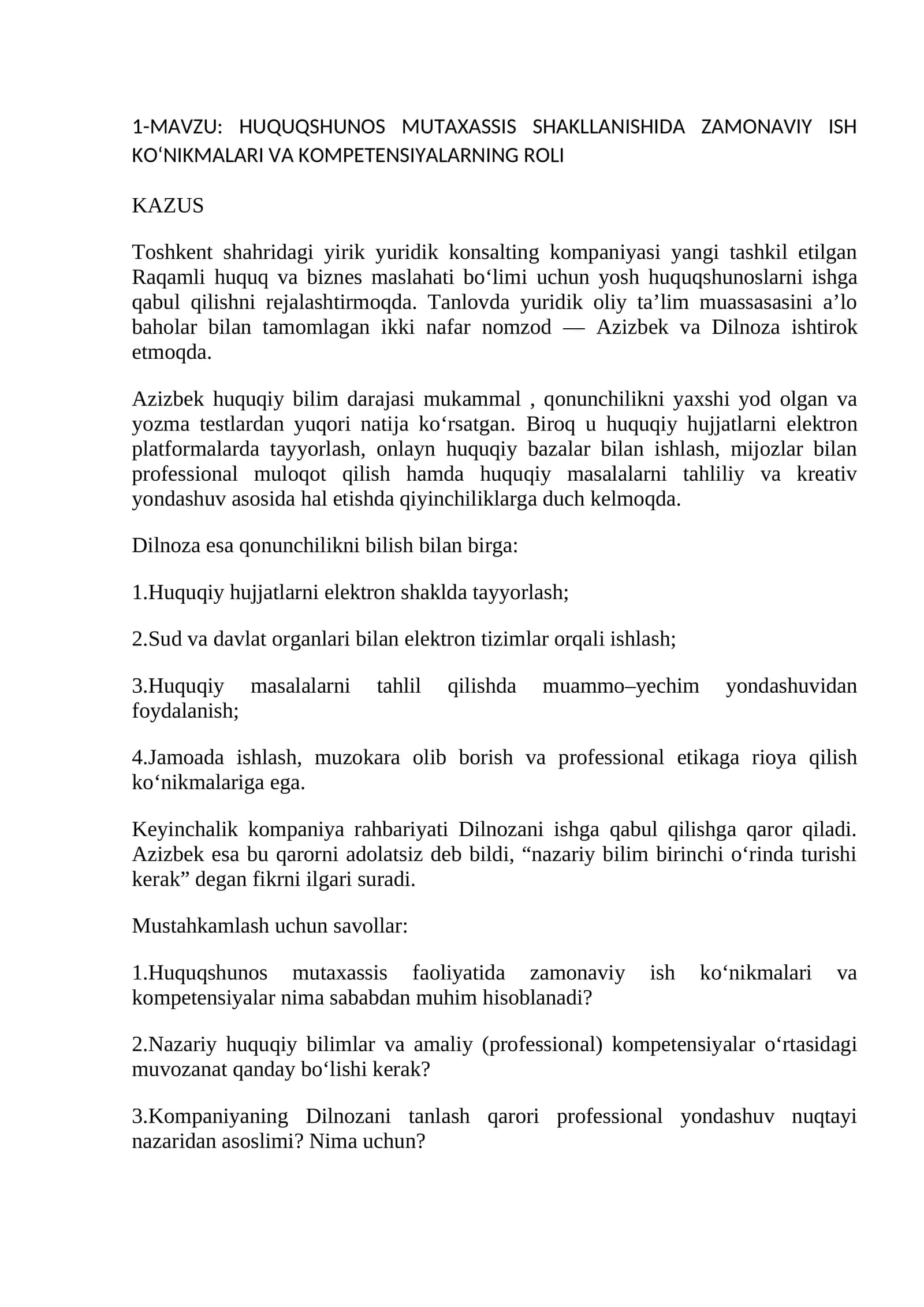HUQUQSHUNOS MUTAXASSIS SHAKLLANISHIDA ZAMONAVIY ISH KO‘NIKMALARI VA KOMPETENSIYALARNING ROLI