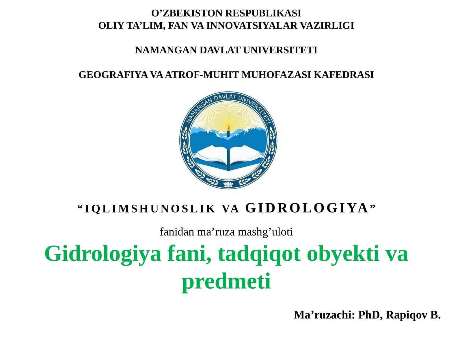IQLIMSHUNOSLIK VAGIDROLOGIYA fanidanma’ruzama shg’uloti