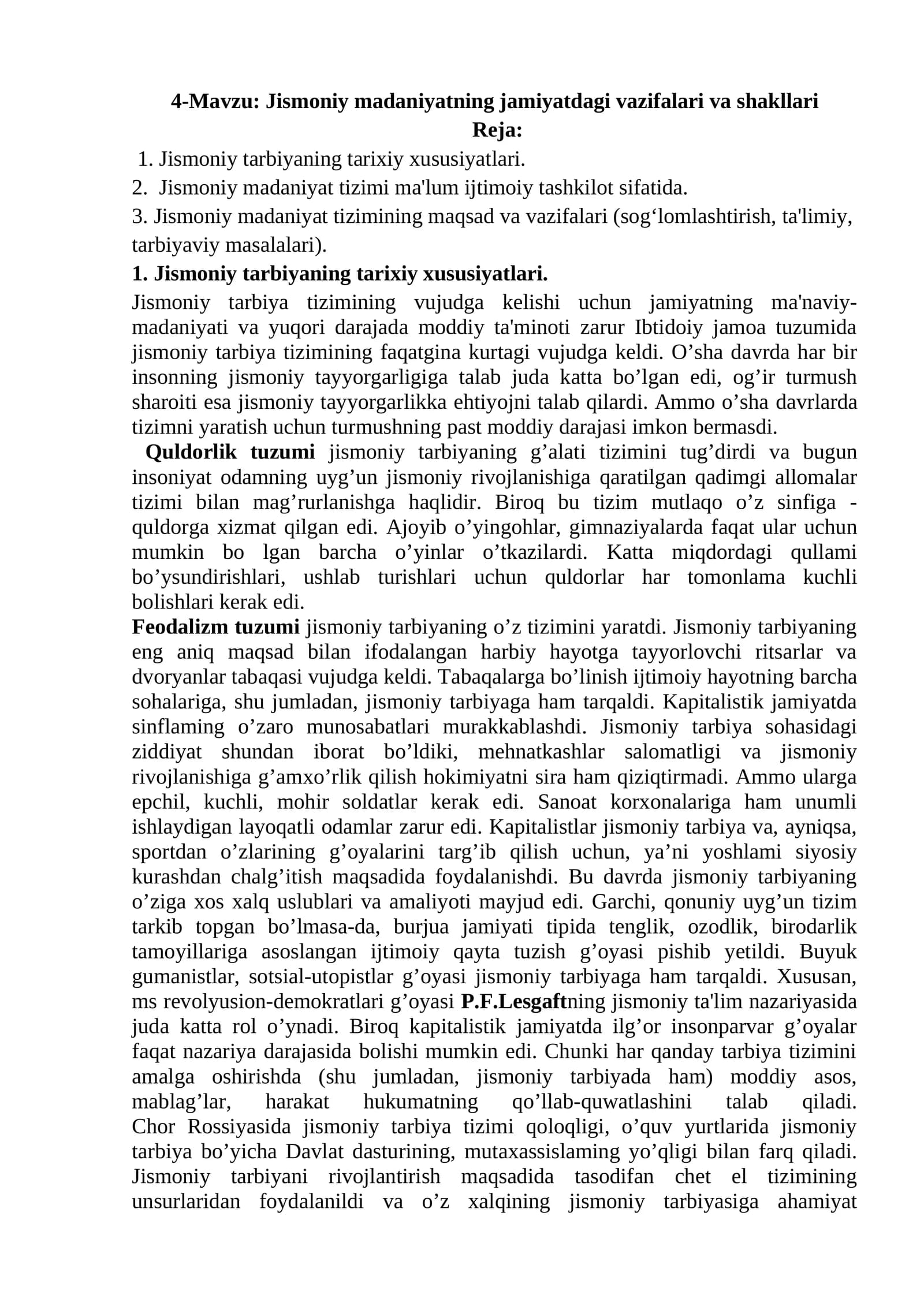 Jismoniy madaniyatning jamiyatdagi vazifalari va shakllari