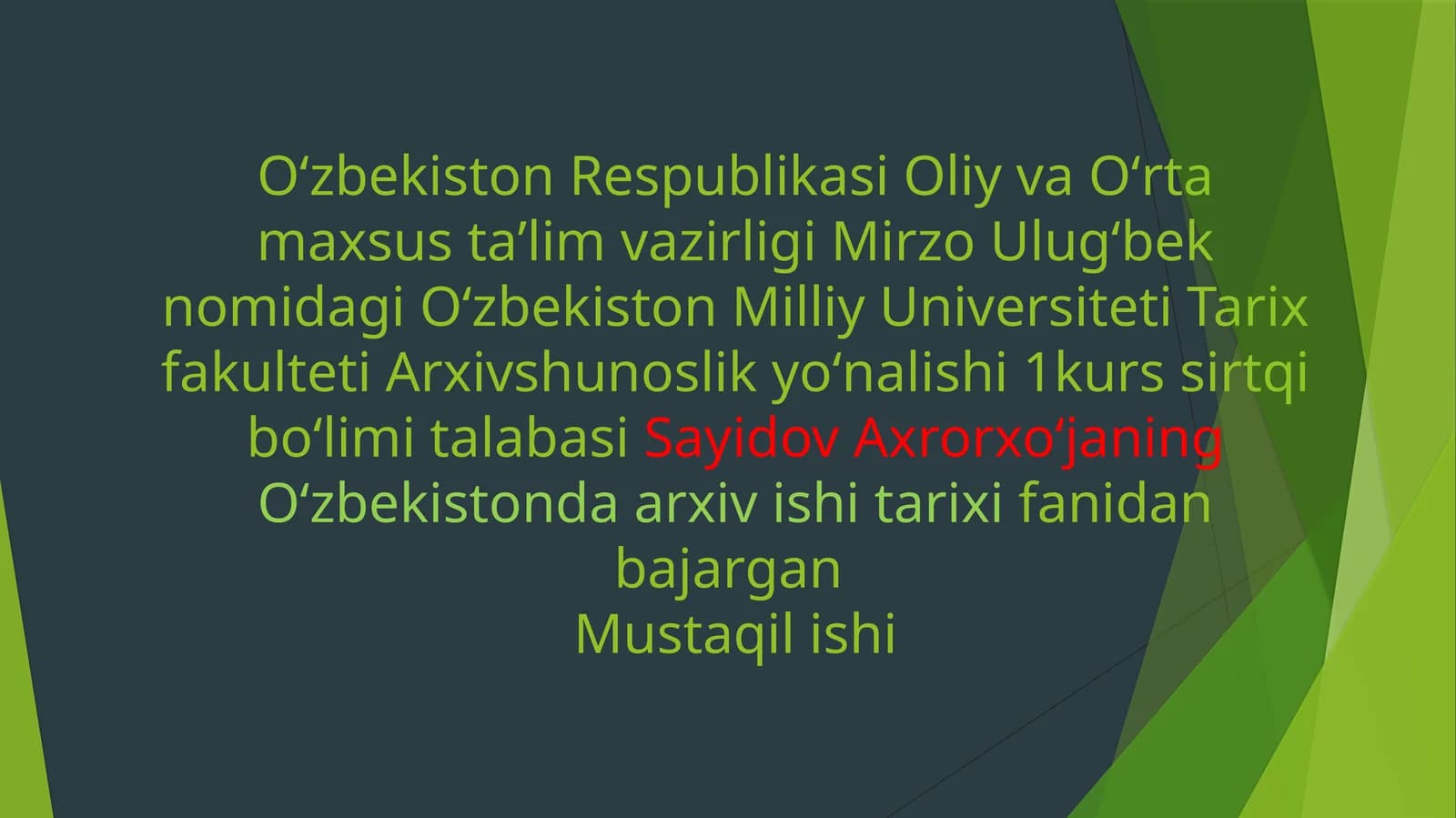Arxivshunoslik yoʻnalishi 1-kurs talabasi