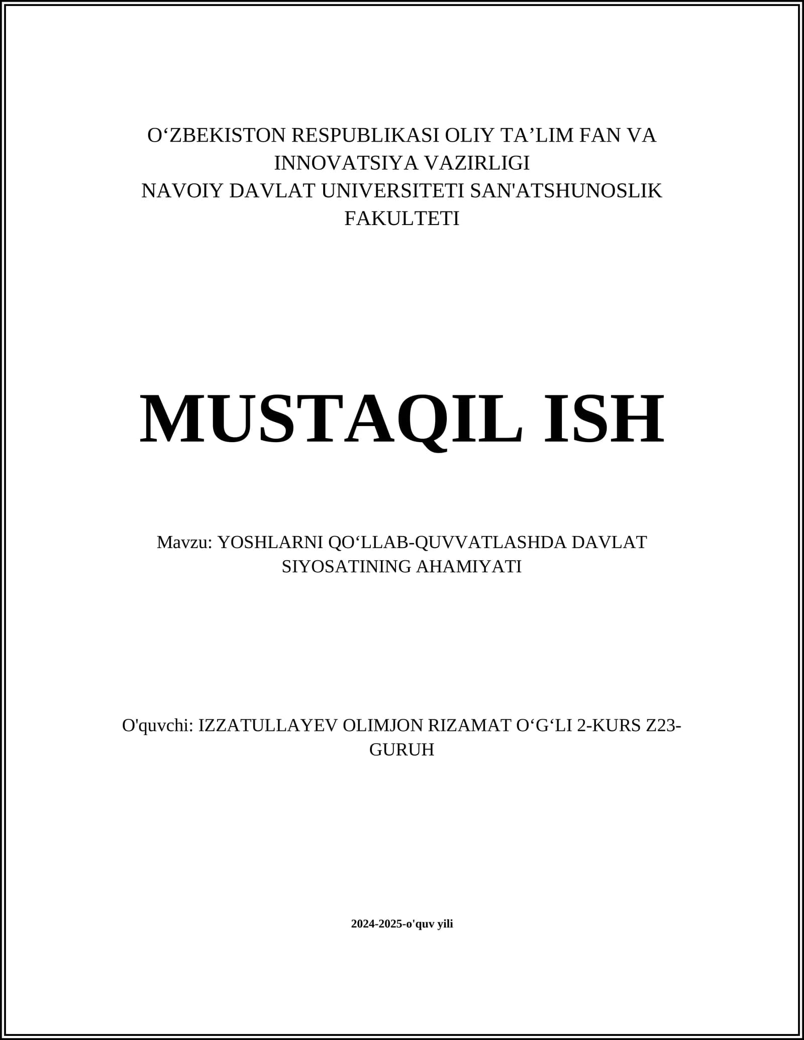 YOSHLARNI QOʻLLAB-QUVVATLASHDA DAVLAT SIYOSATINING AHAMIYATI