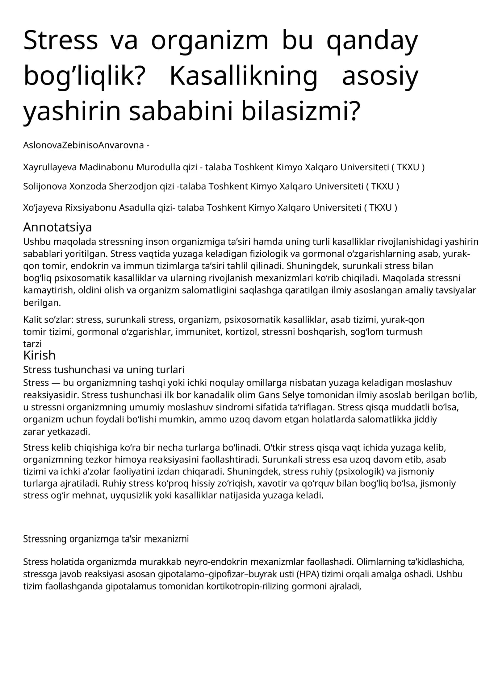 Qanday Stress va Kasalliklar Bog'liqlik?