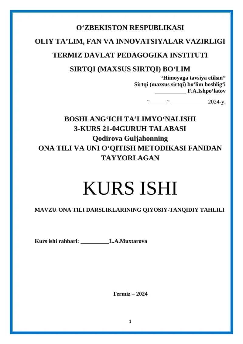 ONA TILI VA UNI O‘QITISH METODIKASI FANIDAN TAYYORLAGAN