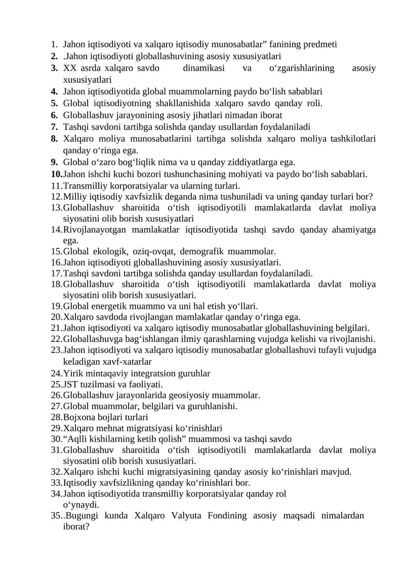 Jahon iqtisodiyoti va xalqaro iqtisodiy munosabatlar” fanining predmeti