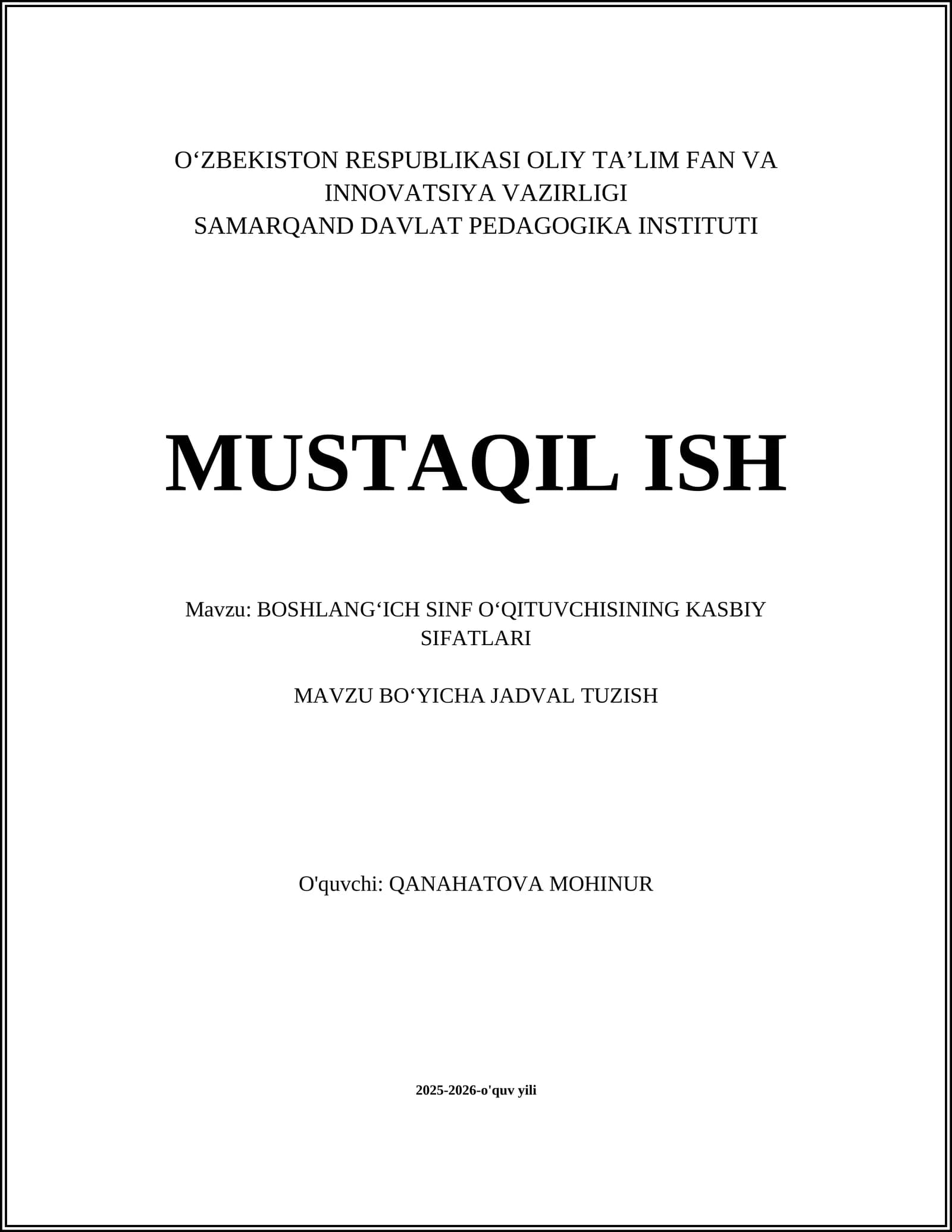 Boshlang‘ich Sinf Oʻqituvchisining Kasbiy Sifatlari