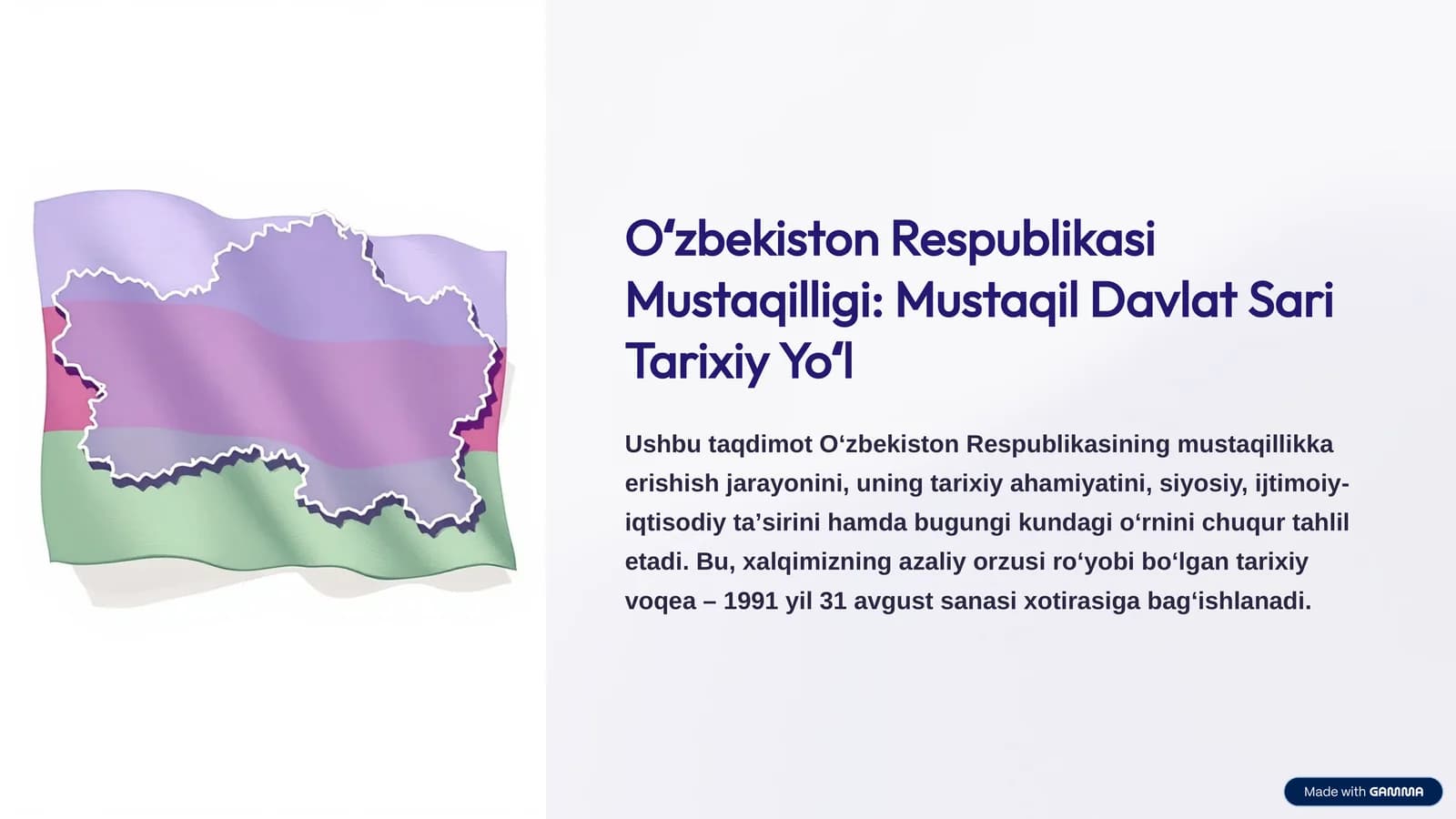 Oʻzbekiston Respublikasining mustaqillikka erishish jarayonini, uning tarixiy ahamiyatini, siyosiy, ijtimoiy-iqtisodiy taʼsirini hamda bugungi kundagi oʻrnini chuqur tahlil etadi. Bu, xalqimizning azaliy orzusi roʻyobi boʻlgan tarixiy voqea – 1991 yil 31 avgust sanasi xotirasiga bagʻishlanadi.